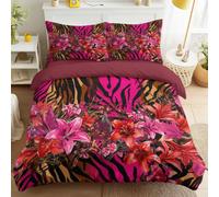 Générique Housse de Couette 240 x 220 cm Tropical Plante, Parure de Lit 2 Personne pour Lit Drap Housse, Fleur Imprimé léopard Ensemble Parure de draps 4 Pieces avec 2 Taie d'oreiller