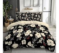 Générique Housse de Couette 240 x 260 cm Beige Clair - Parure de Lit Fleurs Noires Élégantes en Microfibre avec 2 Taies 65 x 65 cm - Linge de Lit Chic pour Couple & Adulte