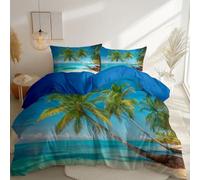 Générique Housse de Couette 240 x 260 cm, Housse de Couette à Motif Tropical Plage Palmiers, Ensemble de Draps en Microfibre Douce Bleu avec Fermeture éclair, Parures de Lit pour Enfants et Adultes