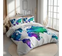 Générique Housse De Couette 240 X 260 Cm Imprimer Parure De Litfantaisie Aquarelle Carte du Monde pour Garçon Adolescent Filles Enfants Femmes, Blanc Housse De Couette avec 2 Taies d'oreiller