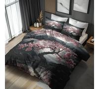 Générique Housse de Couette 240 x 260 Imprimée Fleurs de Cerisier Montagne Lune, 2 Personnes, Parure de Lit Floral Asiatique Japonaise, Decoration Chambre, 2 Taies d'oreiller 65x65, Zippée, Microfibre