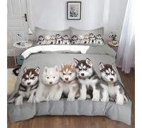 Générique Housse de Couette 240x260 cm Chien Husky Dessin Animé Gris Parure de lit pour lit Double avec Fermeture Éclair Ensemble de literie en Polyester Coton avec 2 Taie d'oreiller