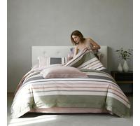 Générique Housse de Couette 240x260 cm en 100% Microfibre avec Rayures Rose Poudré, Vert Sauge et Gris, 2 Taies d'oreiller 65x65 cm, Fermeture Éclair, Parure de Lit 3 Pièces