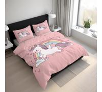 Générique Housse de Couette 240x260 Licorne de Dessin Animé - Parure de Lit Animaux Fantastique Rose Fille, Zippée Microfibre Réversible Parure Housse Couette avec 2 Taies d'oreiller