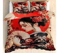 Générique Housse de Couette 90x190 cm Geisha Parure de Lit Enfant 1 Personne Fleur Japonaise Coucher De Soleil, Ensemble Literie Imprimé Réversible avec 1 Taies d'oreiller 65x65 cm
