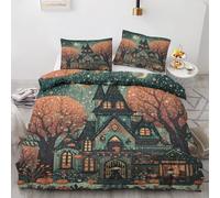 Générique Housse de Couette 90x190 cm Halloween Castle Parure de Lit Enfant 1 Personne Sorcière Citrouille Arbre Automne Etoiles, Ensemble Literie Imprimé Réversible avec 1 Taies d'oreiller 65x65 cm