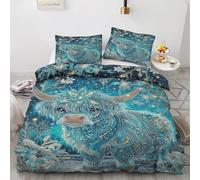 Générique Housse de Couette 90x190 cm Vache des Highlands Parure de Lit Enfant 1 Personne Fleur Diamant Vert Bleu, Ensemble Literie Imprimé Réversible avec 1 Taies d'oreiller 65x65 cm