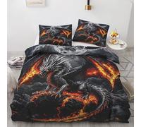 Générique Housse de Couette 90x190cm Dragon Noir Parure de Lit Enfant 1 Personne Pleine Lune, Ensemble Literie Volcan Flamme Imprimé Réversible avec 1 Taies d'oreiller 65x65cm