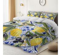 Générique Housse de Couette Blanc 220 x 240 cm, 100% Microfibre avec Fermeture éclair, thème Aquarelle Citron Rameau D'Olivier, Parure de lit pour 2 Personnes avec 2 taies d'oreiller 65 x 65 cm