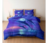 Générique Housse de Couette Bleu Roi 220x240cm 3 Pièces avec 2 Taies d'oreiller, Douce Parure de Lit en Microfibre Respirante, Animaux Fantastiques, Lune Dauphin, Infroissable, Anti-décoloration