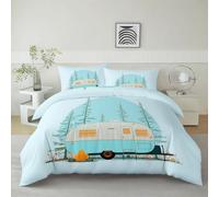 Générique Housse De Couette Caravane De Camping Vintage 140 x 200 cm Parure De Lit Personne, Bleu Clair Housse De Couette en Microfibre Et Taies d'oreiller - Ensemble De Literie pour Adulte Enfant