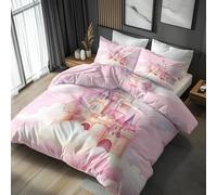 Générique Housse de Couette Château Fée - 200x200-2 Taies d'oreiller 65x65 - Parure de Lit 2 Personnes Imprimé Rose Nuage Rêveur - Decoration Chambre - Zippée - Microfibre IK-366