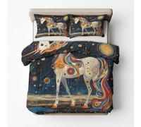 Générique Housse de Couette Coloré Licorne - 160x200-2 Taies d'oreiller 65x65 - Parure de Lit 2 Personnes Imprimé Fée Cheval - Decoration Chambre - Zippée - Microfibre A&G48