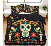 Générique Housse de Couette Douce Jour des Morts Fleurs Crâne Parure de Lit 3 Pièces avec Fermeture Éclair, Microfibre Respirante, Anti-Acariens - Linge de Lit Moderne, Couleur, 90 x 190 cm