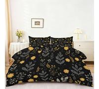 Générique Housse de Couette Enfant 135 x 200 cm - Parure de Lit 2 Personne Microfibre Housse de Couette, Thème Moderne Feuilles Fleurs Imprimé Literie Set 3 Pièces avec Fermeture Éclair, Noir
