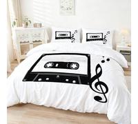 Générique Housse de Couette Enfant 140 x 200 cm - Parure de Lit 2 Personne Microfibre Housse de Couette, Thème Rétro Cassette Audio Musique Imprimé Literie Set 3 Pièces avec Fermeture Éclair, Noir