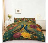 Générique Housse de Couette Enfant 140 x 200 cm - Parure de Lit 2 Personne Microfibre Housse de Couette, Thème Nature Fleurs Paon Imprimé Literie Set 3 Pièces avec Fermeture Éclair, Vert