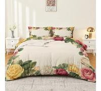 Générique Housse de Couette Enfant 200 x 200 cm - Parure de Lit 2 Personne Microfibre Housse de Couette, Thème Vintage Roses Plantes Imprimé Literie Set 3 Pièces avec Fermeture Éclair, Crème