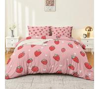 Générique Housse de Couette Enfant 220 x 240 cm - Parure de Lit 2 Personne Microfibre Housse de Couette, Thème Dessin animé Fraise Cœur Imprimé Literie Set 3 Pièces avec Fermeture Éclair, Rose