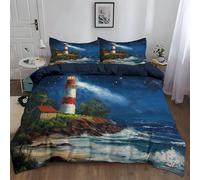 Générique Housse de Couette Enfant 220x240 cm Phare De Bord De Mer Ciel Étoilé Parure De Lit Adulte en Polycoton 2 Personnes avec Fermeture Éclair, Housse Couette Imprimé avec 2 Taies d'oreiller