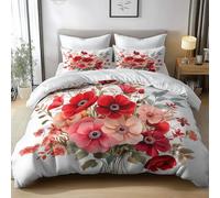 Générique Housse de Couette Enfant 240x260 cm Fleurs Rouges Rétro Parure de Lit 3D Imprimée Polyester Coton Housse Couette 1/2 Personne avec 2 Taie d'oreiller 65x65 cm