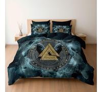 Générique Housse de Couette Fantaisie Magie Viking Runes Corbeau 220 x 240 Cyan Foncé, Réversible Parure de Lit Adulte Enfant 2 Personnes en Microfibre Souple, Linge de Lit avec Fermeture éclair