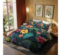 Générique Housse de Couette Feuille Palmier 220x240, Parure de Lit Motif Fleur Hibiscus Tropicale 2 Personnes - Decoration - 2 Taies d'oreiller 65x65, Fermeture Éclair, Microfibre - PKA6007