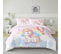 Générique Housse De Couette Licorne De Dessin Animé Arc en Ciel Montgolfière 220 x 240 cm Parure De Lit Personne, Rose Housse De Couette Et Taies d'oreiller - Ensemble De Literie pour Adulte Enfant