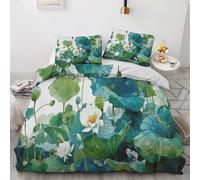 Générique Housse de Couette Lotus Parure de Lit 240x260 cm Feuilles Vertes Style Chinois, Housse Couette Ensemble Literie Imprimé Réversible avec 2 Taies d'oreiller 65x65 cm