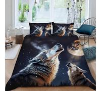 Générique Housse de Couette Loup 140x200 Parure de Lit 3D Imprimé Animaux Lune 3 Pièces Douce Microfibre Literie avec Fermeture Éclair,2 Taies d'oreiller 50x75 pour Enfants 1f36