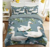 Générique Housse de Couette Microfibre 160 x 200 cm, Canards sur l’Eau avec brins d’Herbe, Gris bleuté, Parure de Lit 3 Pièces avec Taies d’Oreiller, Ensemble de Literie pour Enfant, Respirante
