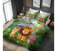 Générique Housse de Couette Mignon Jungle Animaux - 200x200-2 Taies d'oreiller 65x65 - Parure de Lit 2 Personnes Imprimé Animaux Sauvages Safari - Decoration Chambre - Zippée - Microfibre IK-371