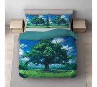 Générique Housse de Couette, Parure de Lit, Microfibre Ultra Douce, Doux pour la Peau Respirant, Réversible avec Fermeture Éclair Invisible King Size 260 x 240 cm Vert Anime Grand Arbre Champ