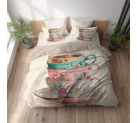 Générique Housse de Couette, Parure de Lit, Microfibre Ultra Douce, Doux pour la Peau Respirant, Réversible avec Fermeture Éclair Invisible King Size 260 x 240 cm Beige Tasse À Thé Fleurs