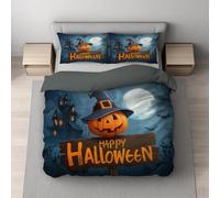 Générique Housse de Couette Parure de Lit Réversible en Microfibre Ultra Douce et Respirante avec Fermeture Éclair Invisible, 2 Personnes, 220 x 240 cm, Bleu, Halloween Chapeau De Sorcière Citrouille