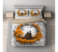 Générique Housse de Couette Parure de Lit Réversible en Microfibre Ultra Douce et Respirante avec Fermeture Éclair Invisible, 2 Personnes, 220 x 240 cm, Blanc, Halloween Maison Hantée Floral