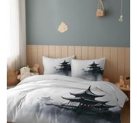 Générique Housse de Couette Peinture À L'Encre Nuages Pavillon220 x 240 cm Imprimé Parure de Lit, avec 2 Taie d'oreiller 65 x 65 cm, Blanc 3 Pièces Parure De Lit Personnes en Microfibre
