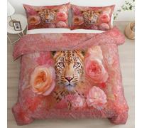 Générique Housse de Couette pour Filles Femmes Linge de lit 140 x 200 cm, Microfibre Doux et Infroissable résistante - Entretien Facile, Bohême Tigre Fleurs - avec 2 Taies d'oreiller 65x65 Rose Foncé