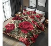 Générique Housse de Couette Rouge Rose 140x200, Parure de Lit Motif Léopard Fleurie Floral 1 Personne - Decoration - Taie d'oreiller 65x65, Fermeture Éclair, Microfibre - PKA16330