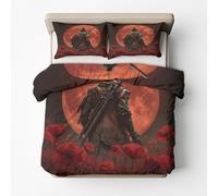 Générique Housse de Couette Samouraï Japonais - 140x200-1 Taie d'oreiller 65x65 - Parure de Lit 1 Personne Imprimé Rouge Lune Florale - Decoration Chambre - Zippée - Microfibre J&L92