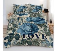 Générique Housse de Couette Shabby Chic, Parure de Lit 200 x 200 Roses Bleu, Microfibre Housse de Couette Adulte, 3 Pièces Ensemble avec 2 Taies d'oreiller pour 2 Personne T&-h224