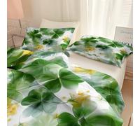 Générique Housse de Couette Simple réversible 220 x 240 cm avec 2 Taies d'oreiller Blanc Trèfle Quatre Feuilles Botanique Minimaliste - Microfibre Parure de lit Adulte avec Fermetures éclair