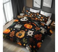 Générique Housse de Couette Sorcière d'halloween - 160x200-2 Taies d'oreiller 65x65 - Parure de Lit 2 Personnes Imprimé Feuille Automne Crâne Fantôme - Decoration Chambre - Zippée - Microfibre YC#85