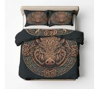 Générique Housse de Couette Viking 160x200, Parure de Lit Motif Cochon Nœud Celtique Nordique 2 Personnes - Decoration - 2 Taies d'oreiller 65x65, Fermeture Éclair, Microfibre - PKA15920