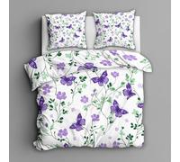 Générique Housse de Couette Violet Fleurs Papillon - 160x200-2 Taies d'oreiller 65x65 - Parure de Lit 2 Personnes Imprimé Blätter Zweig Botanisch - Decoration Chambre - Zippée - Microfibre CI#137