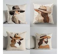 Générique Housse de Coussin 35x35 cm /13.8x13.8 Pouce,Set de 4 Belle Femme au Chapeau Taie Oreiller de Canapé en Lin Housse De Coussincarré pour Canapé Maison Salon Taies d Oreiller Y6102