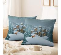 Générique Housse de Coussin Serein, Hiver, Paysage, Renard,Maisons 50 x 50 CM Montagnes Enneigées, Arbres à Feuillage Doux Décoratif Taie d'oreiller pour Décorations Festives, Chambre, Chaise