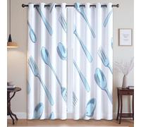 Générique Illustration Vaisselle Cuillère Fourchette Tenture pour Chambre d'enfant - Filtrant La LumièRe Tenture de fenêtre à Œillets, Cyan, 132L X 158H cm (2 Panneaux)