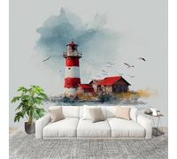 Générique Imperméable,Inodore intérieure Papier Peint 200x140 cm Phare De La CôTe Aquarelle Amovible Fresque Murale décorer Papier Peint Photo Gris Pour Meuble Salon Salle Bain Chambre Armoire