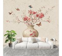 Générique Imperméable,Inodore intérieure Papier Peint 250x175 cm Papillon Floral RéTro Amovible Fresque Murale décorer Papier Peint Photo Beige Pour Meuble Salon Salle Bain Chambre Armoire